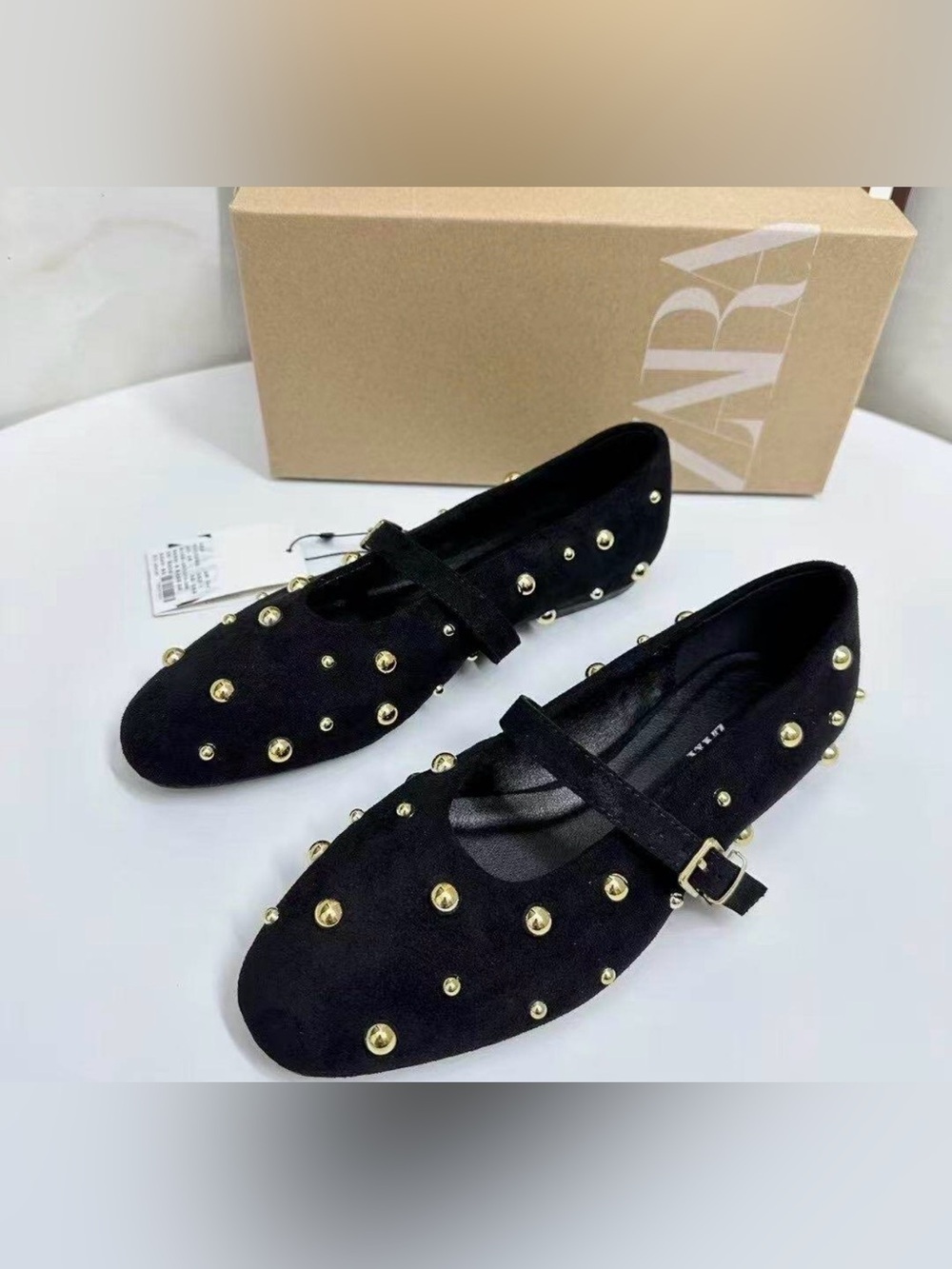 ZARA Black Suede Flats with Gold Stud Detailing